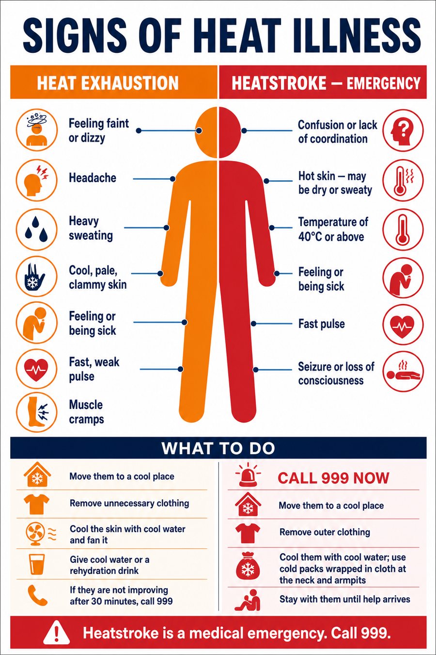 Signs of heat illness infographic comparing the symptoms of heat exhaustion and heat stroke and what to do, including when to call 999