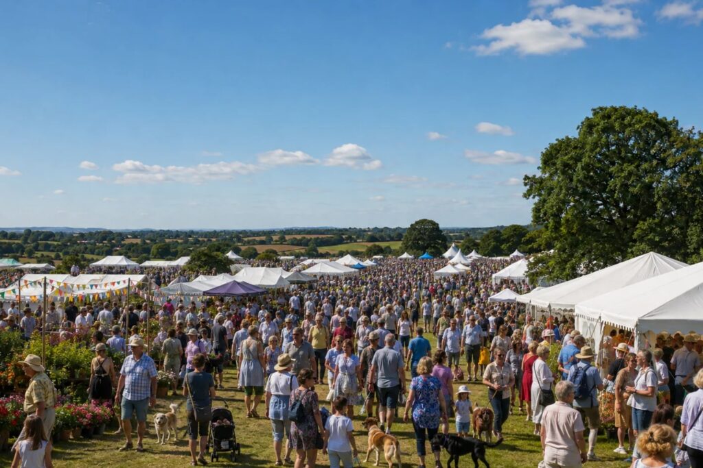 Crowds walking between marquees and bunting at a busy summer county show in the English countryside
